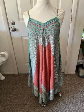 Molly Bracken Teal and Coral Printed High-Low Dress